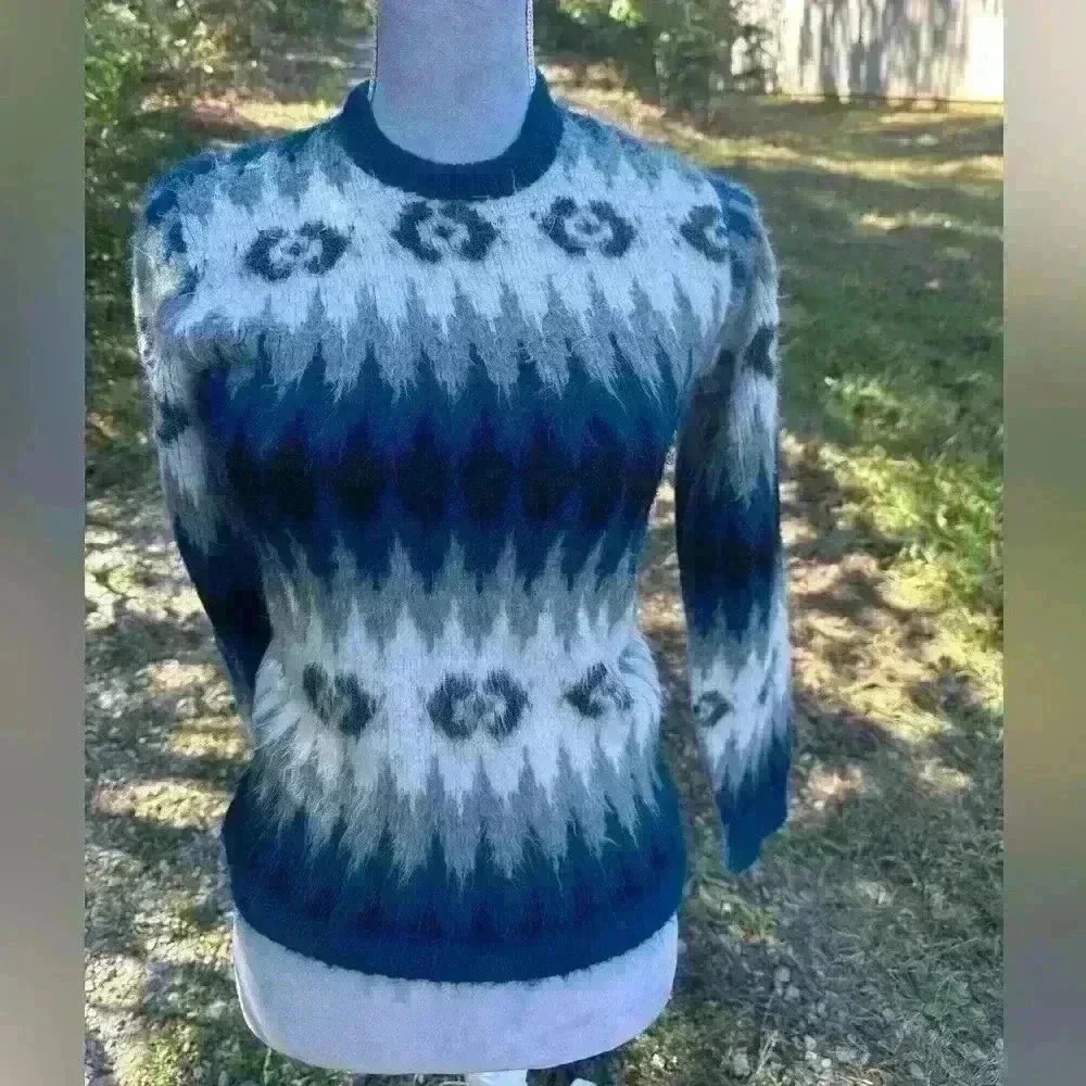 Vintage Pelham sweater. 100% Virgin Acrylic. Blue black cream gray - Picture 3 of 8
